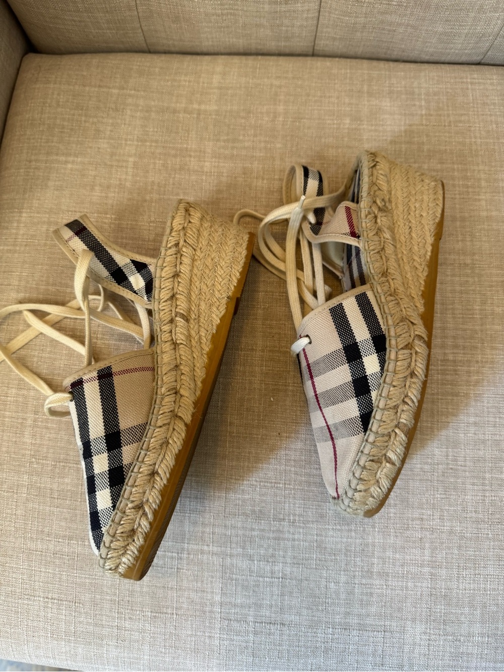 Burberry Nova Check Plaid Espadrille Lace-Up Wedges in Beige - Picture 2 of 4
